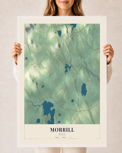 Morrill, Maine map print - 24 x 36 white Ayous wood frame