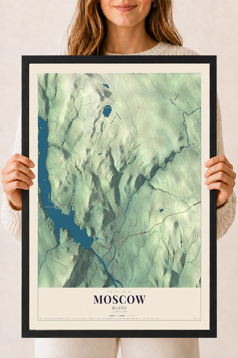Moscow, Maine map print - 18 x 24 black Ayous wood frame