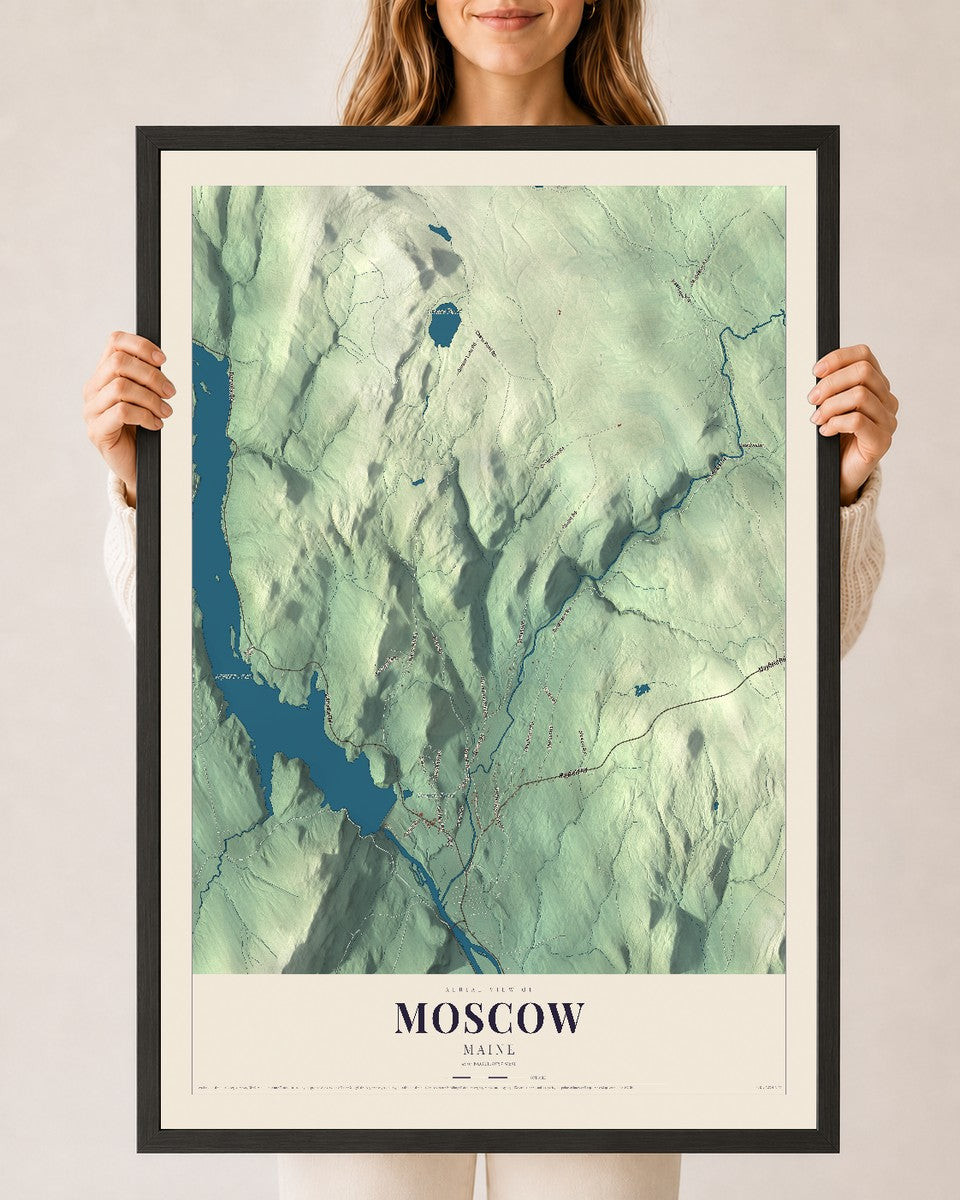 Moscow, Maine map print - 24 x 36 black Ayous wood frame