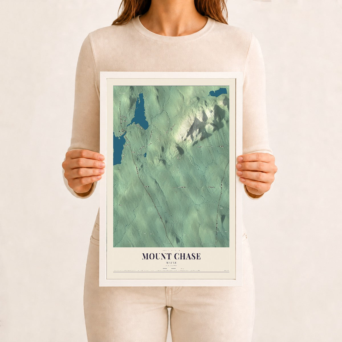 Mount Chase, Maine map print - 12 x 18 white Ayous wood frame