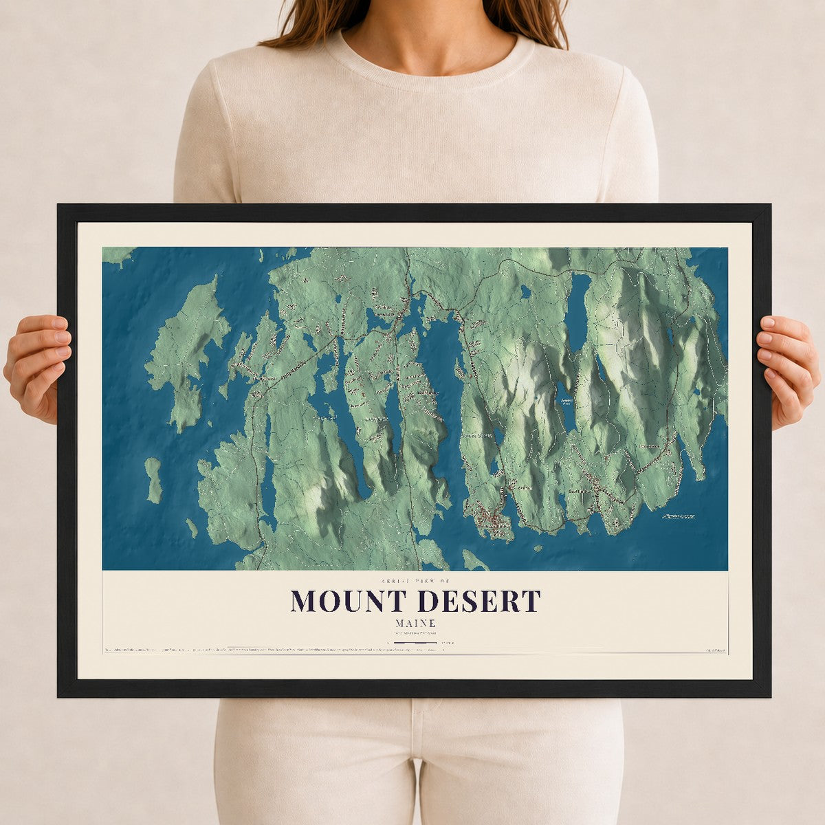 Mount Desert, Maine map print - 12 x 18 black Ayous wood frame
