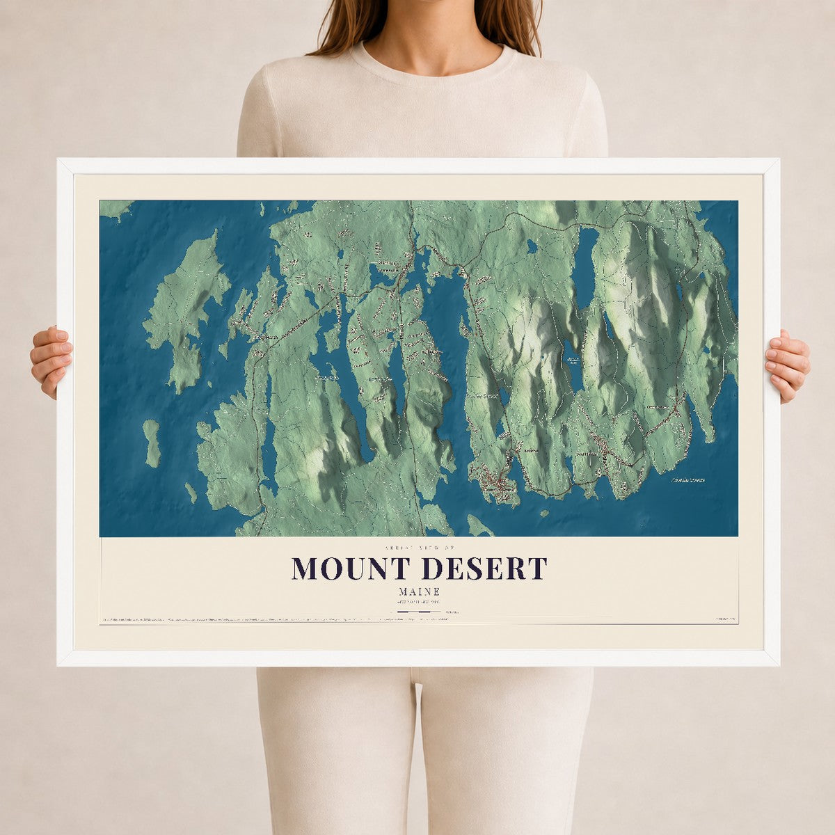 Mount Desert, Maine map print - 24 x 36 white Ayous wood frame