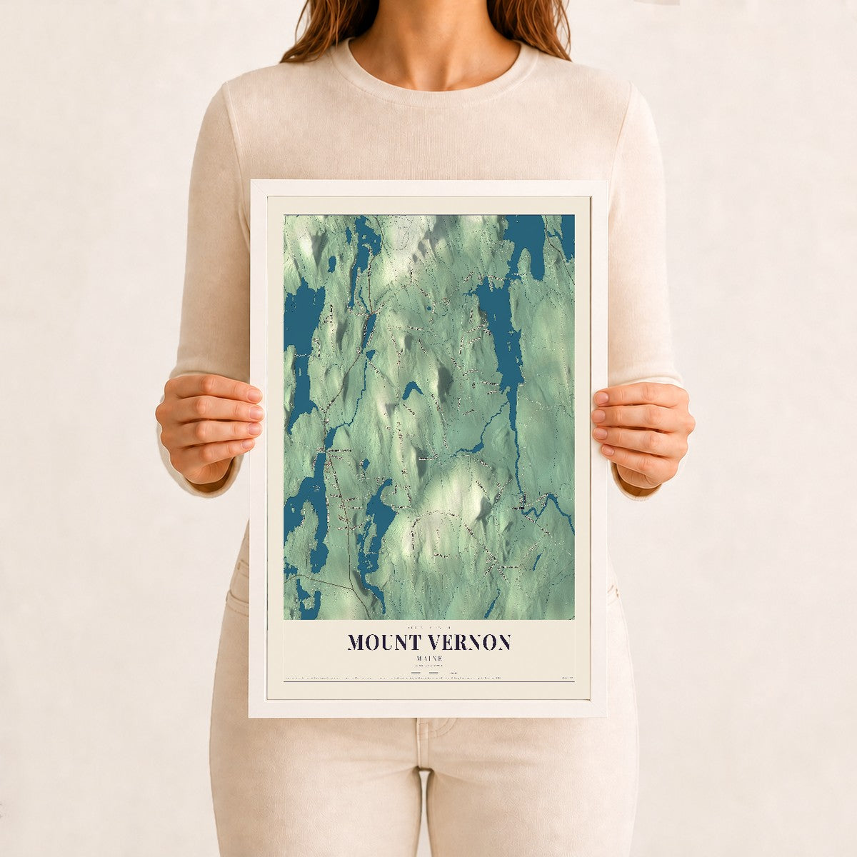 Mount Vernon, Maine map print - 12 x 18 white Ayous wood frame