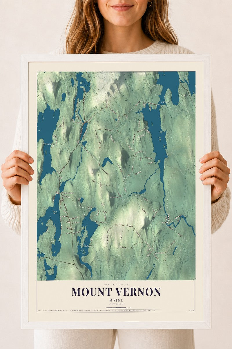 Mount Vernon, Maine map print - 18 x 24 white Ayous wood frame