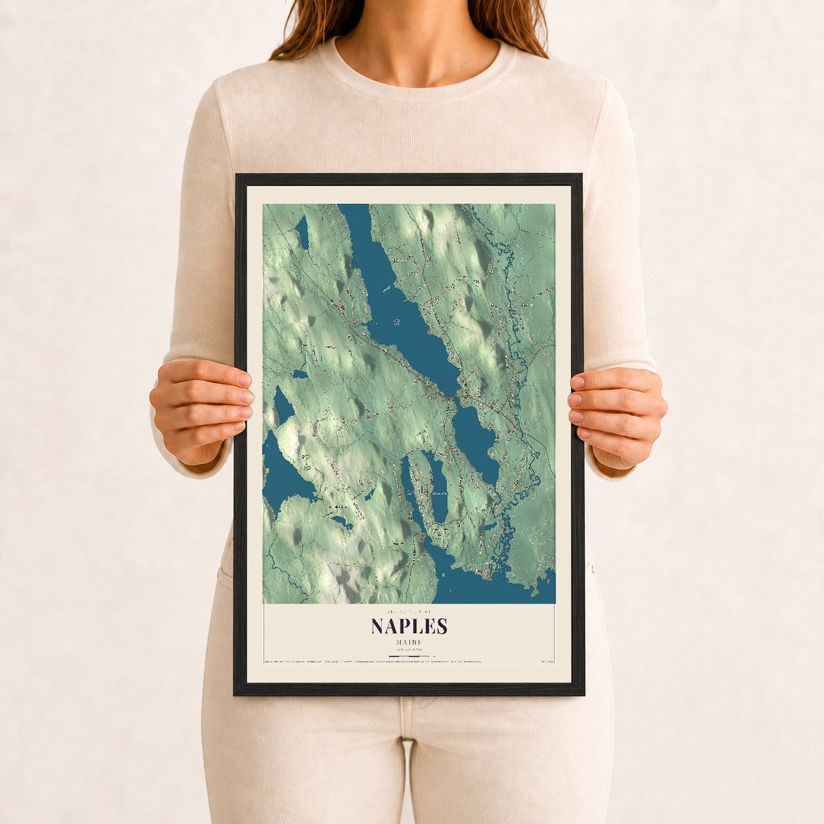 Naples, Maine map print - 12 x 18 black Ayous wood frame