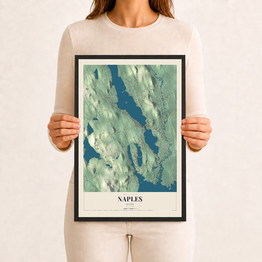 Map of Naples, Maine, 12 x 18 inch print in a black wood frame