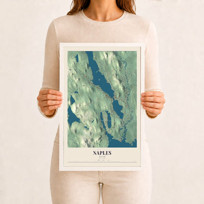Naples, Maine map print - 12 x 18 white Ayous wood frame