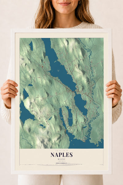 Naples, Maine map print - 18 x 24 white Ayous wood frame