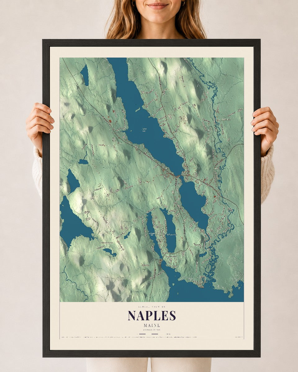 Naples, Maine map print - 24 x 36 black Ayous wood frame