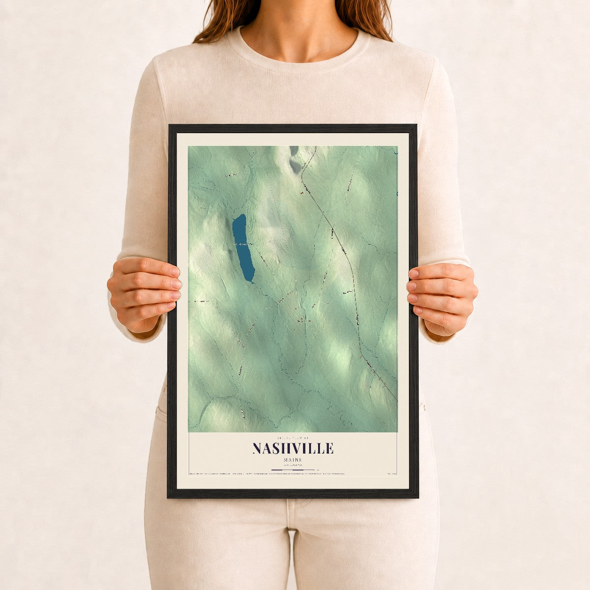 Nashville, Maine map print - 12 x 18 black Ayous wood frame