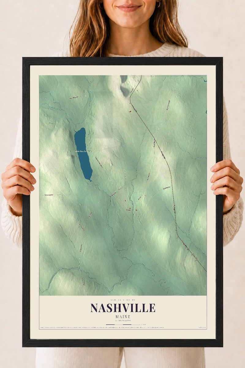 Nashville, Maine map print - 18 x 24 black Ayous wood frame
