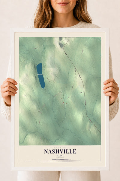 Nashville, Maine map print - 18 x 24 white Ayous wood frame