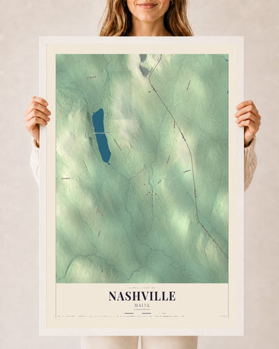 Nashville, Maine map print - 24 x 36 white Ayous wood frame