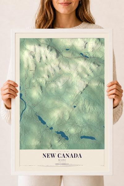 New Canada, Maine map print - 18 x 24 white Ayous wood frame