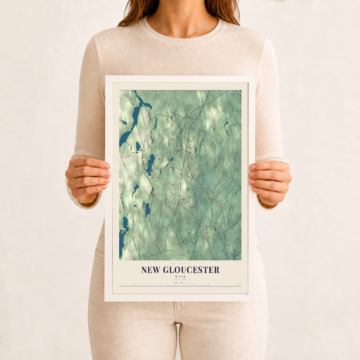 New Gloucester, Maine map print - 12 x 18 white Ayous wood frame