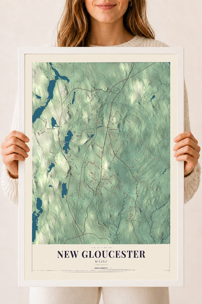 New Gloucester, Maine map print - 18 x 24 white Ayous wood frame