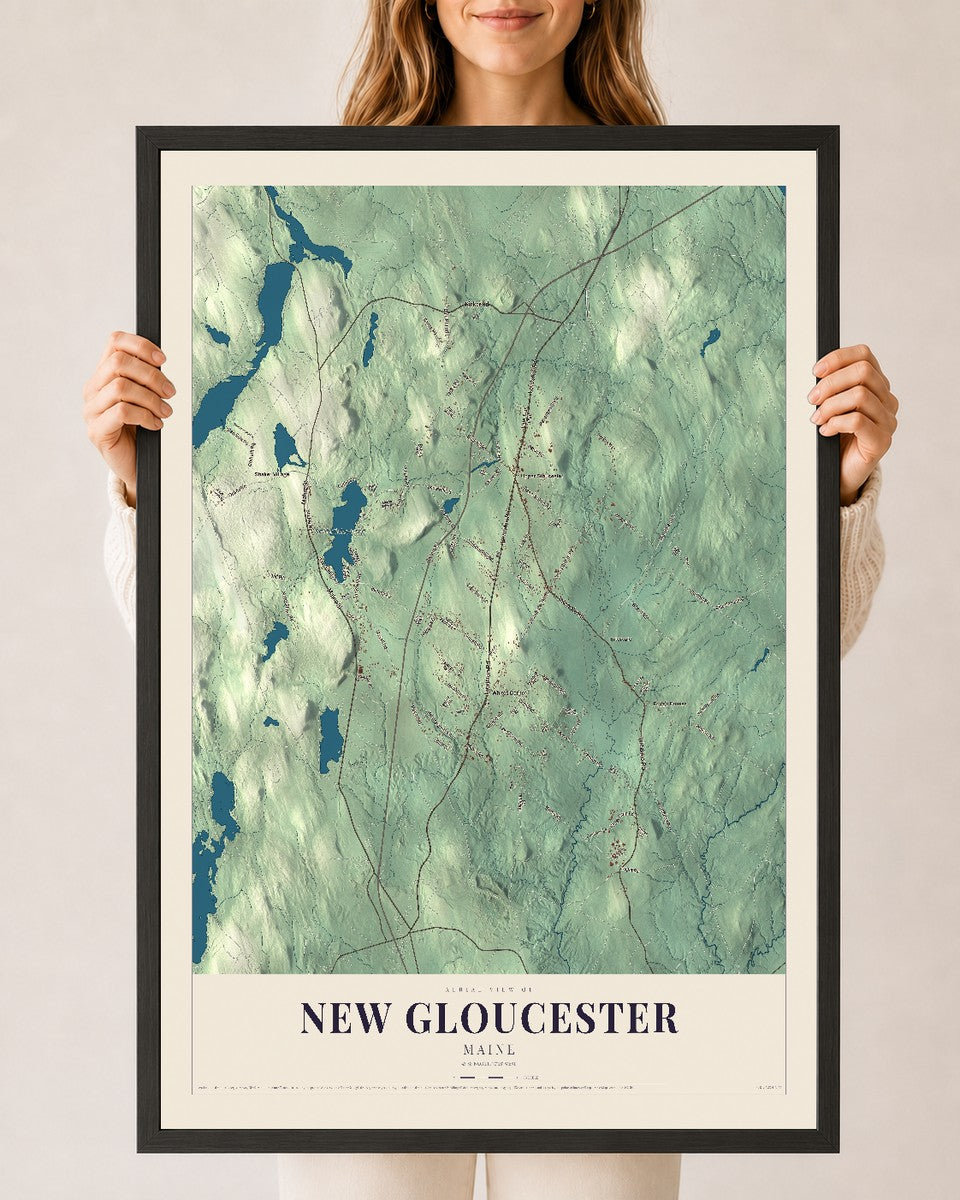 New Gloucester, Maine map print - 24 x 36 black Ayous wood frame