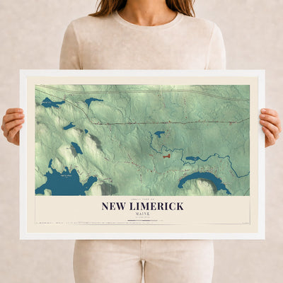 New Limerick, Maine map print - 12 x 18 white Ayous wood frame