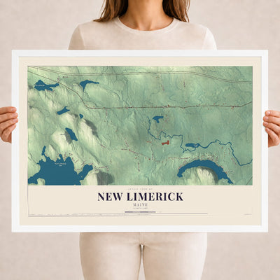 New Limerick, Maine map print - 18 x 24 white Ayous wood frame