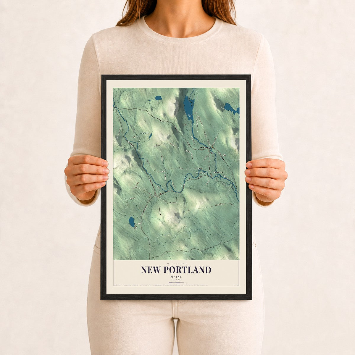 New Portland, Maine map print - 12 x 18 black Ayous wood frame