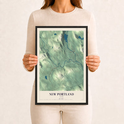 New Portland, Maine map print - 12 x 18 black Ayous wood frame