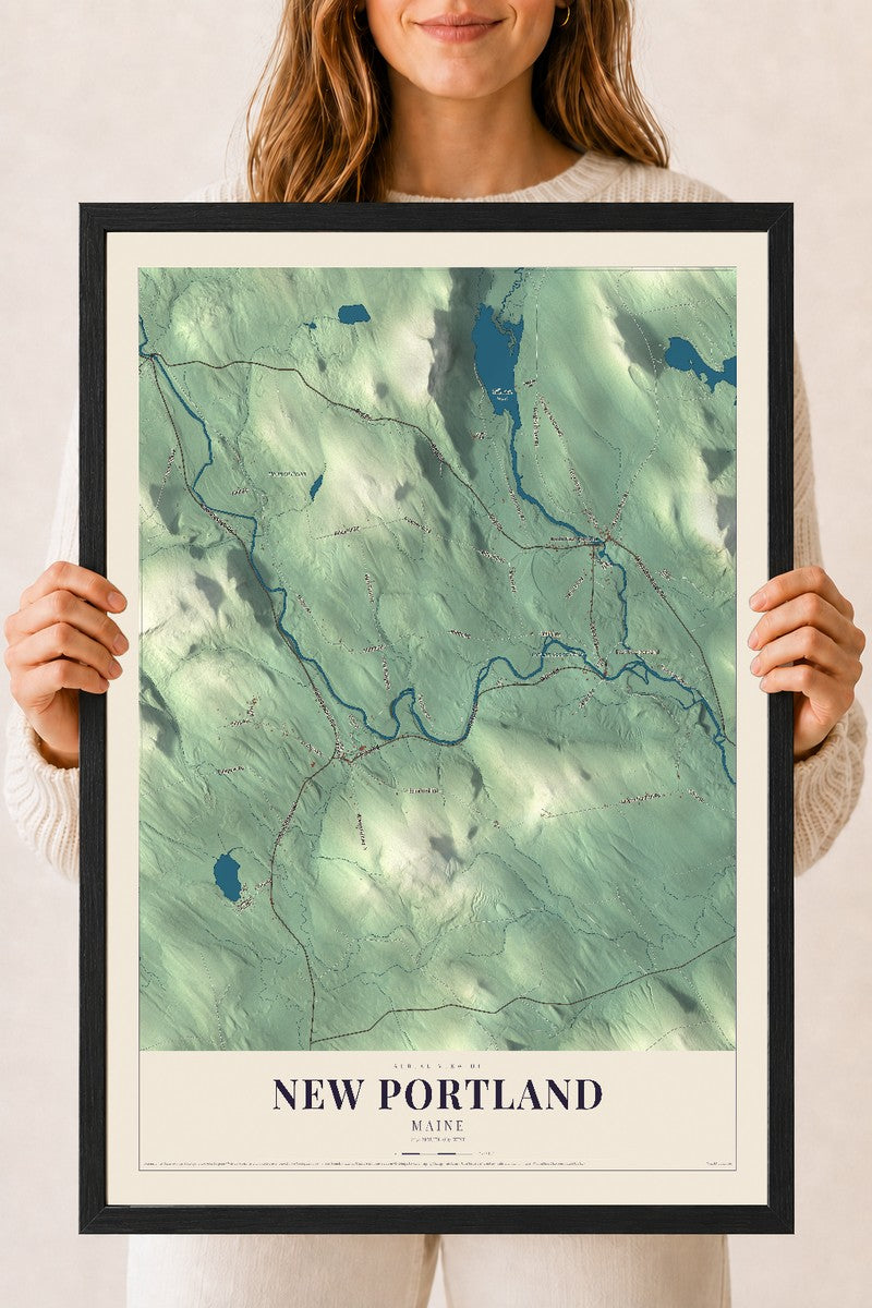 New Portland, Maine map print - 18 x 24 black Ayous wood frame