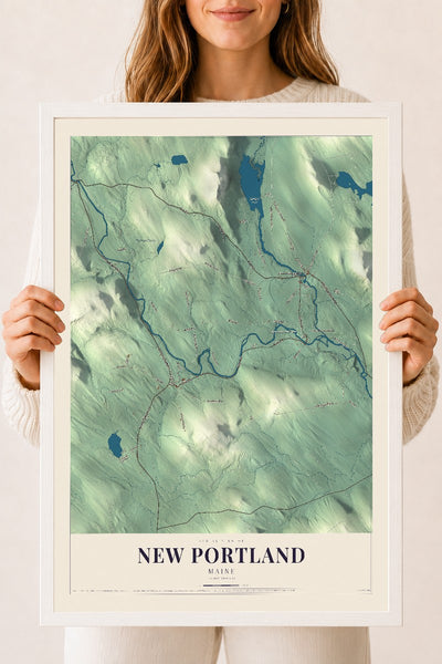 New Portland, Maine map print - 18 x 24 white Ayous wood frame