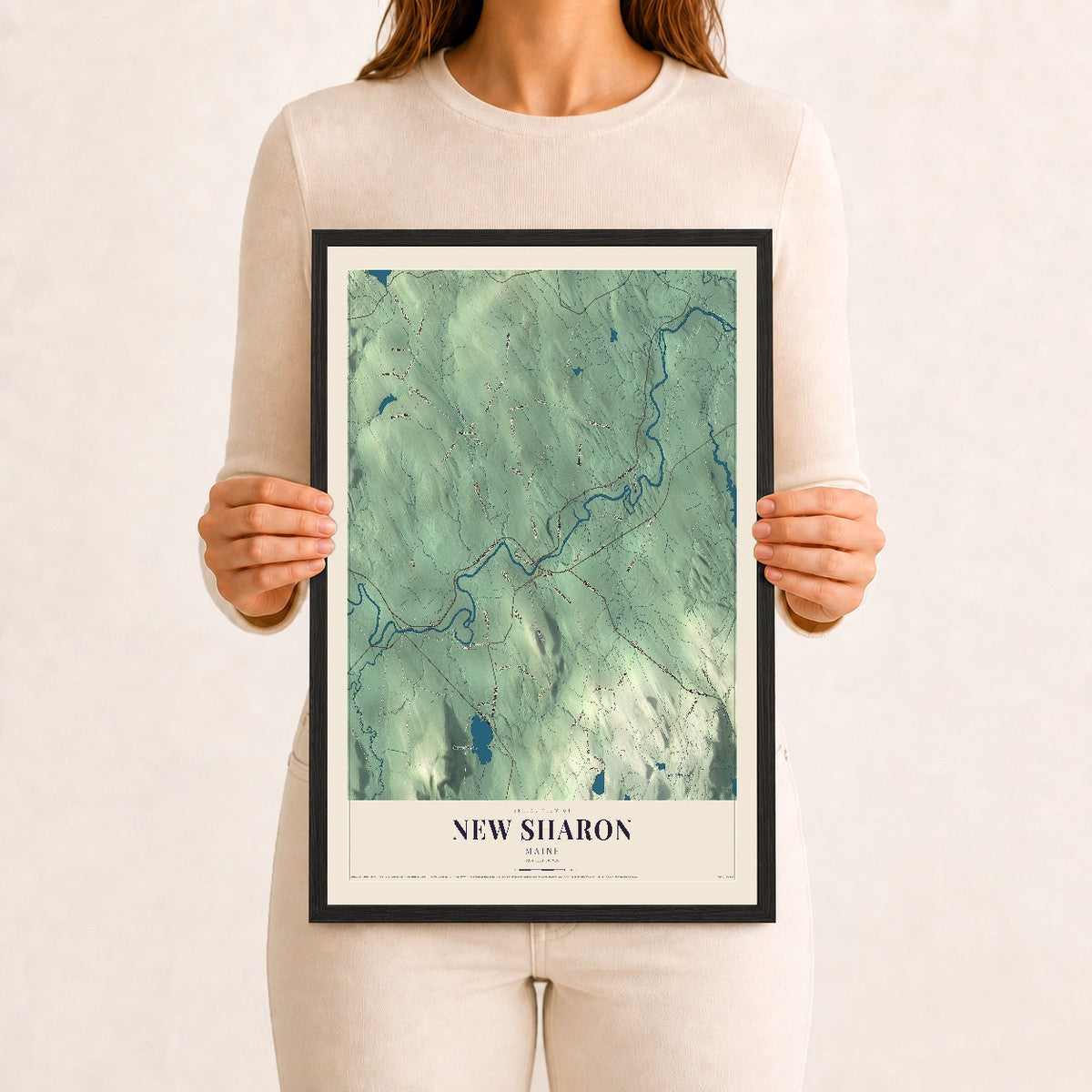 New Sharon, Maine map print - 12 x 18 black Ayous wood frame