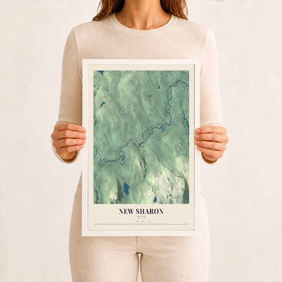 New Sharon, Maine map print - 12 x 18 white Ayous wood frame