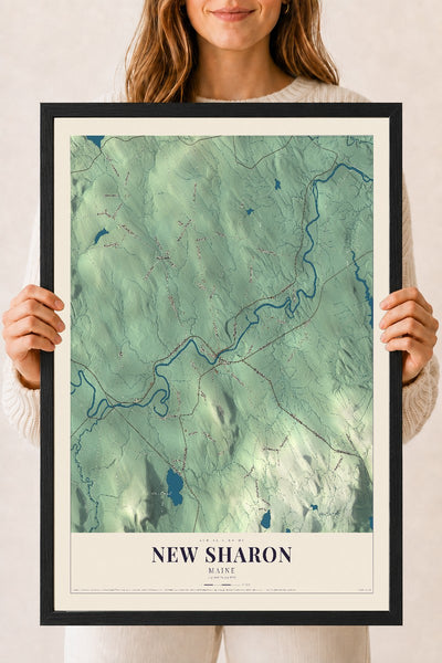 New Sharon, Maine map print - 18 x 24 black Ayous wood frame