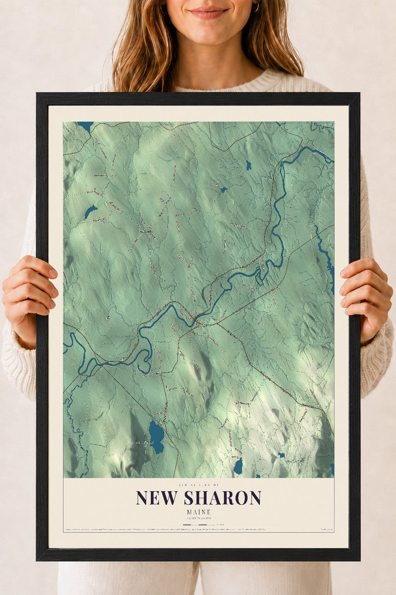 New Sharon, Maine map print - 18 x 24 black Ayous wood frame