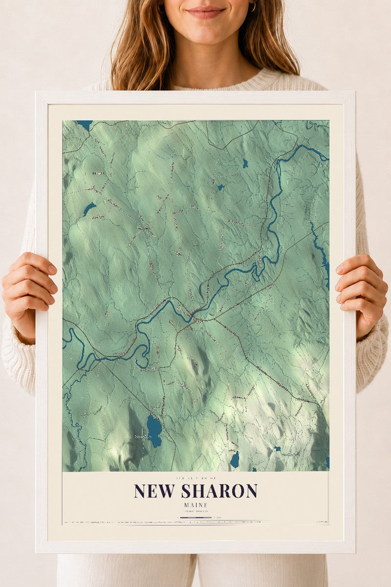 New Sharon, Maine map print - 18 x 24 white Ayous wood frame