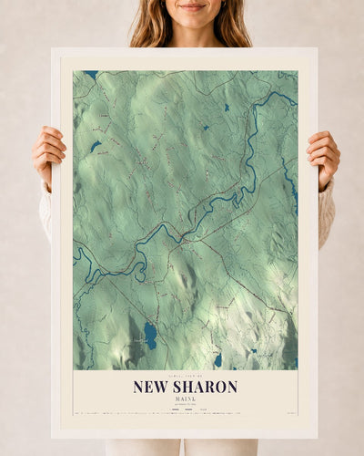 New Sharon, Maine map print - 24 x 36 white Ayous wood frame