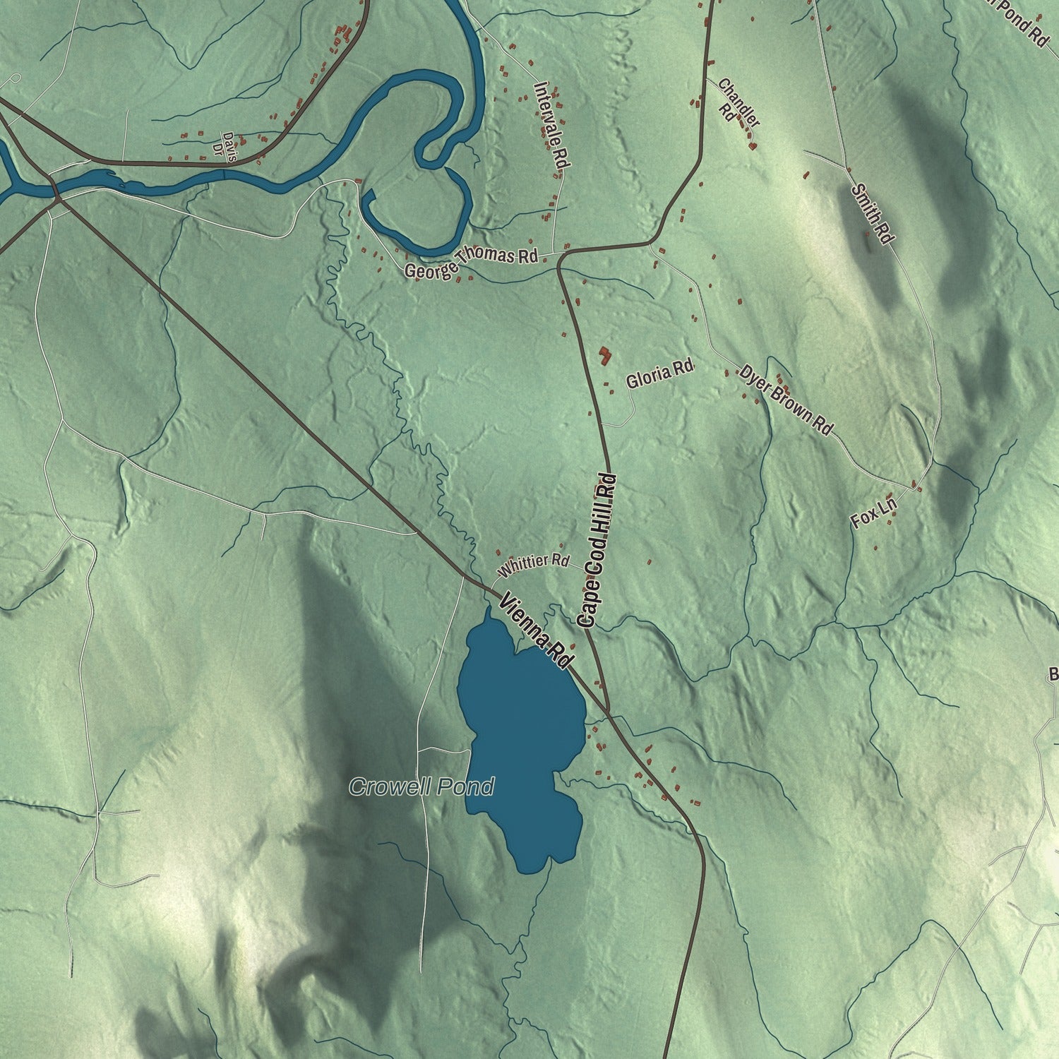 Terrain and local geography detail from the New Sharon, Maine map
