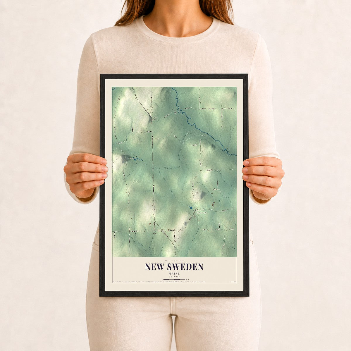New Sweden, Maine map print - 12 x 18 black Ayous wood frame