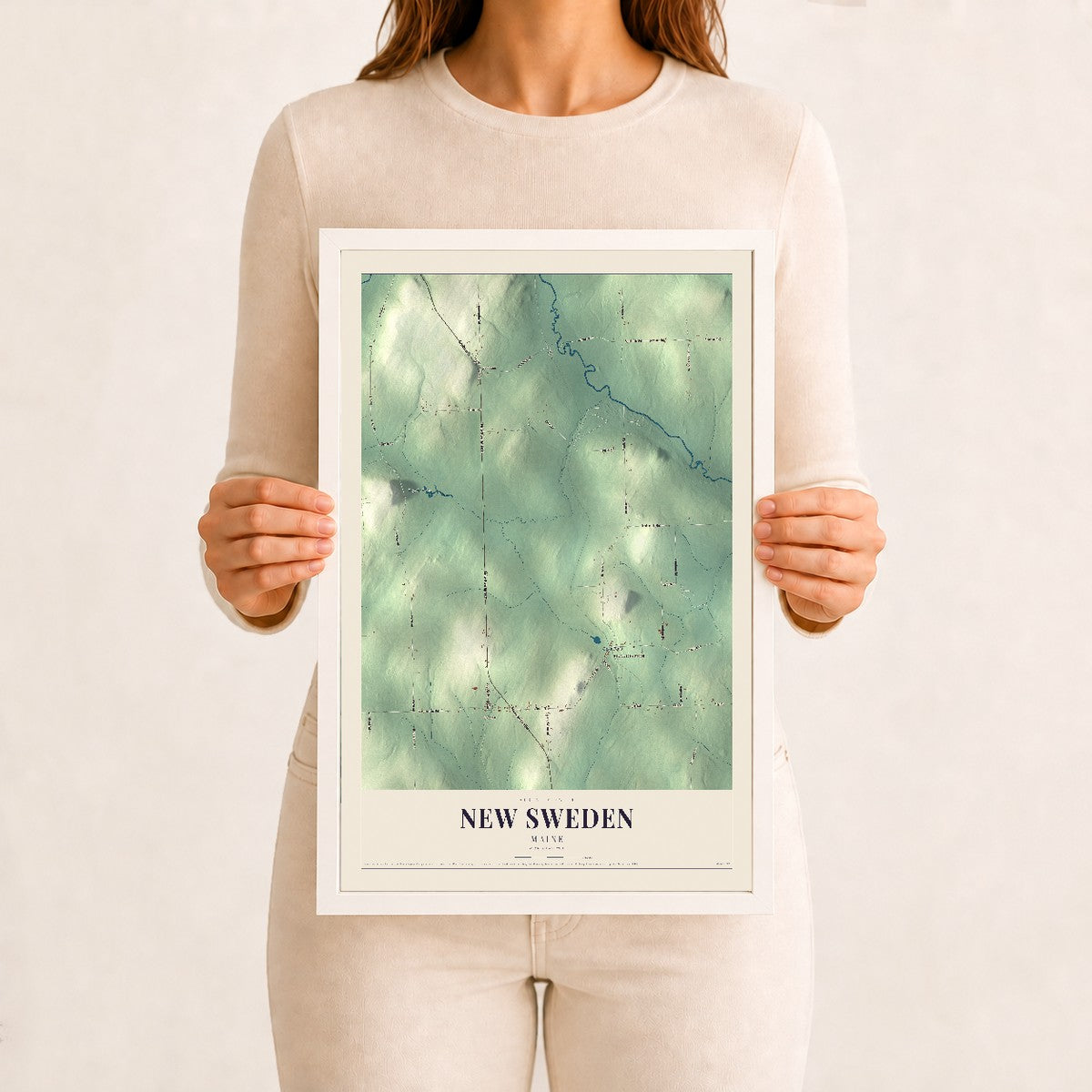 New Sweden, Maine map print - 12 x 18 white Ayous wood frame
