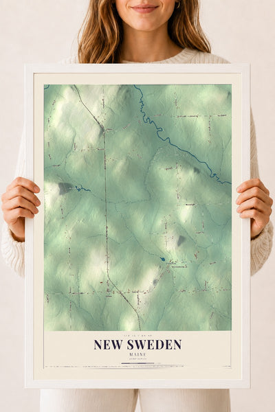 New Sweden, Maine map print - 18 x 24 white Ayous wood frame