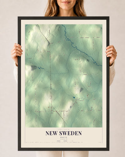 New Sweden, Maine map print - 24 x 36 black Ayous wood frame