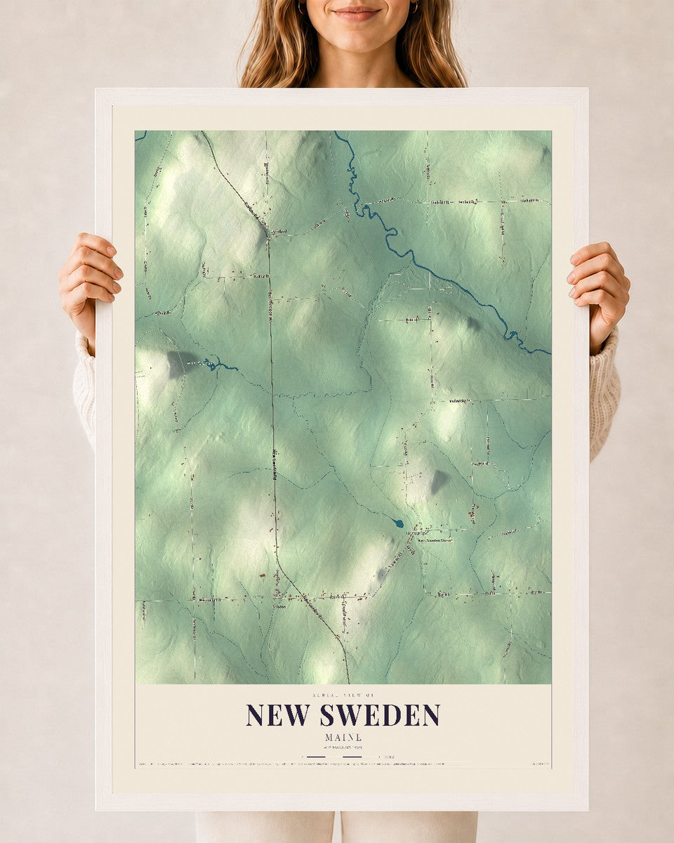 New Sweden, Maine map print - 24 x 36 white Ayous wood frame