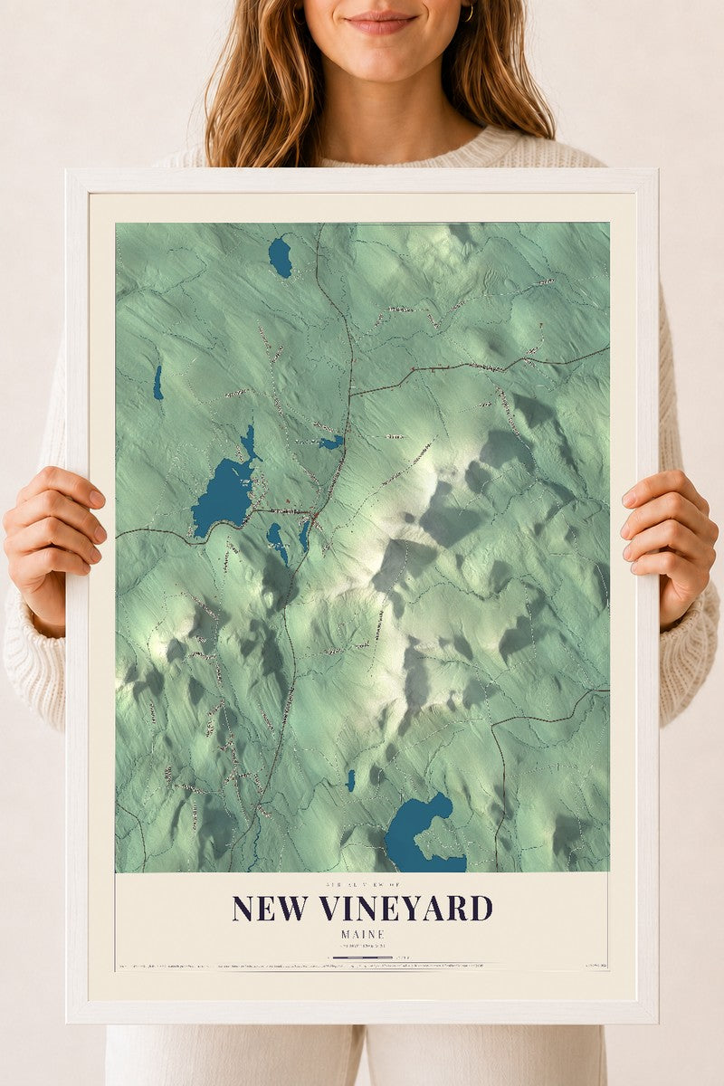 New Vineyard, Maine map print - 18 x 24 white Ayous wood frame