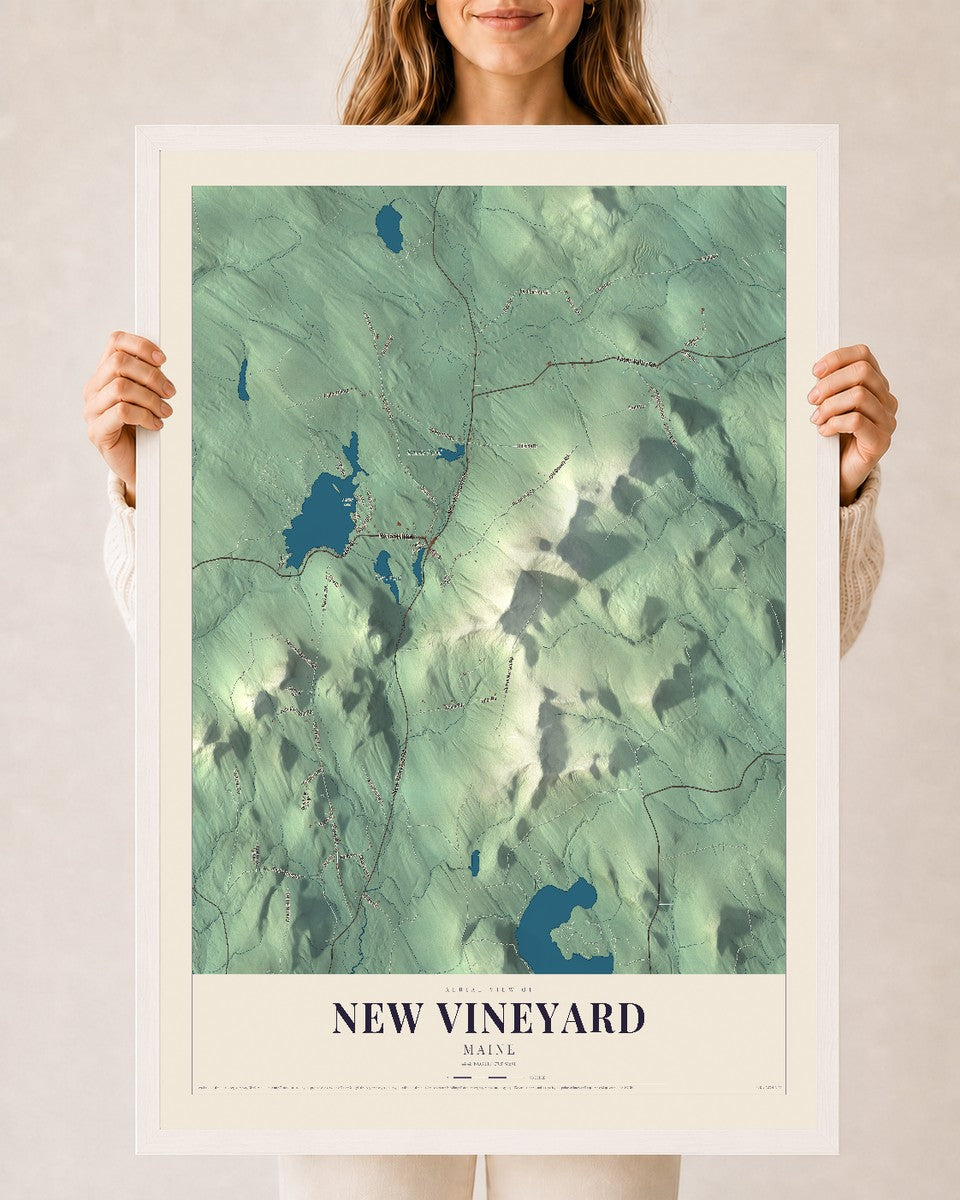 New Vineyard, Maine map print - 24 x 36 white Ayous wood frame