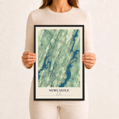 Newcastle, Maine map print - 12 x 18 black Ayous wood frame