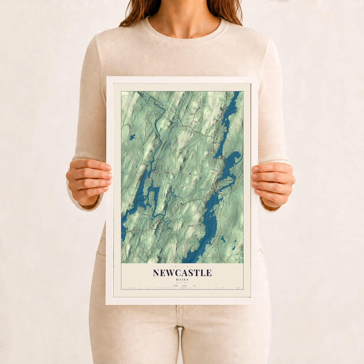 Newcastle, Maine map print - 12 x 18 white Ayous wood frame