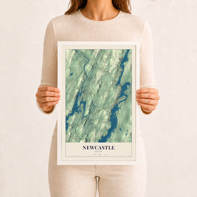 Newcastle, Maine map print - 12 x 18 white Ayous wood frame