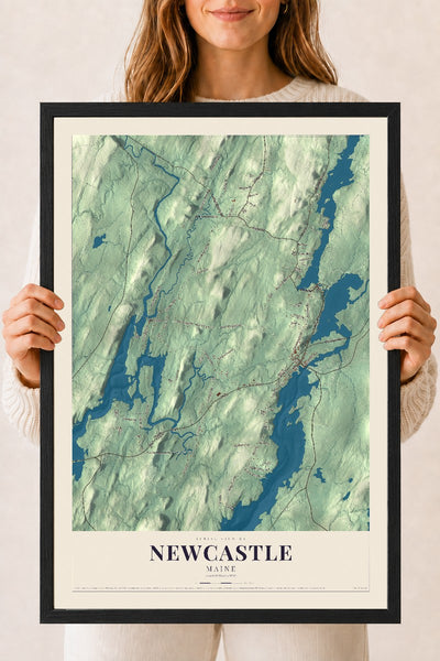 Newcastle, Maine map print - 18 x 24 black Ayous wood frame