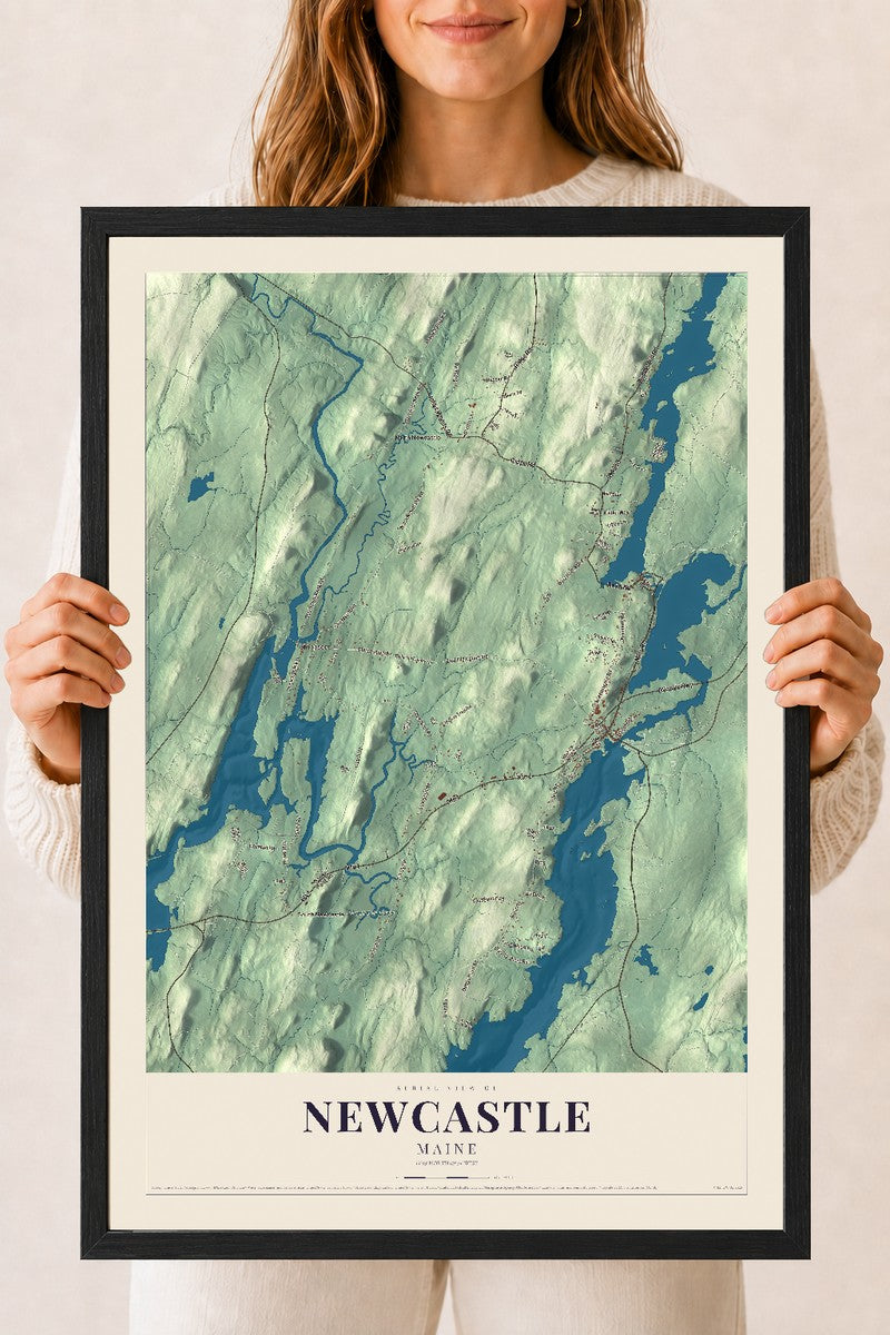 Newcastle, Maine map print - 18 x 24 black Ayous wood frame