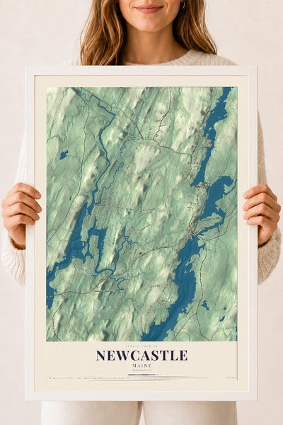 Newcastle, Maine map print - 18 x 24 white Ayous wood frame