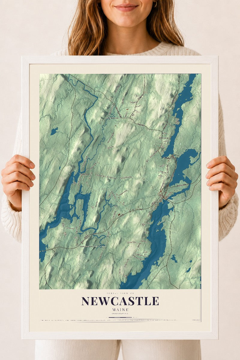 Newcastle, Maine map print - 18 x 24 white Ayous wood frame
