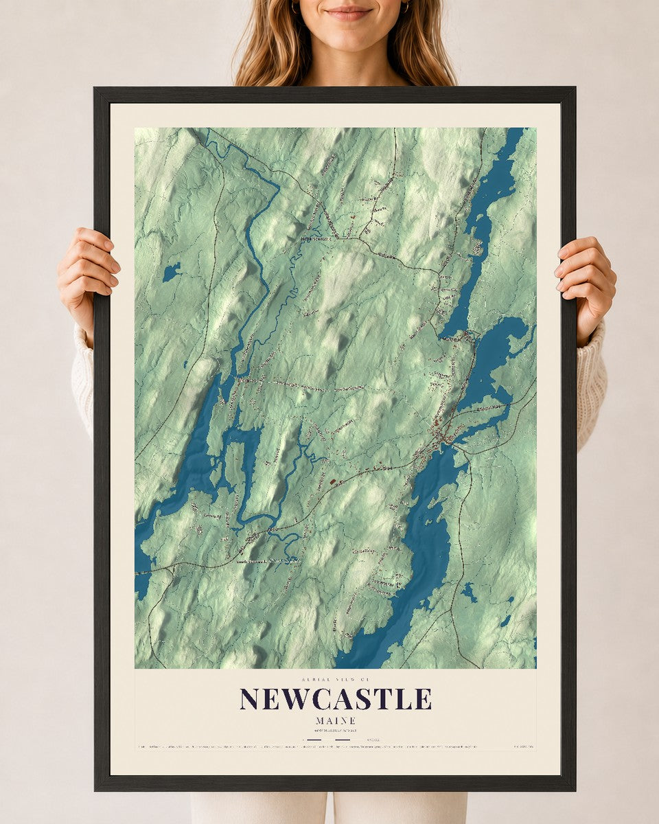 Newcastle, Maine map print - 24 x 36 black Ayous wood frame