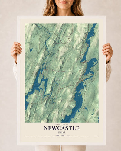 Newcastle, Maine map print - 24 x 36 white Ayous wood frame